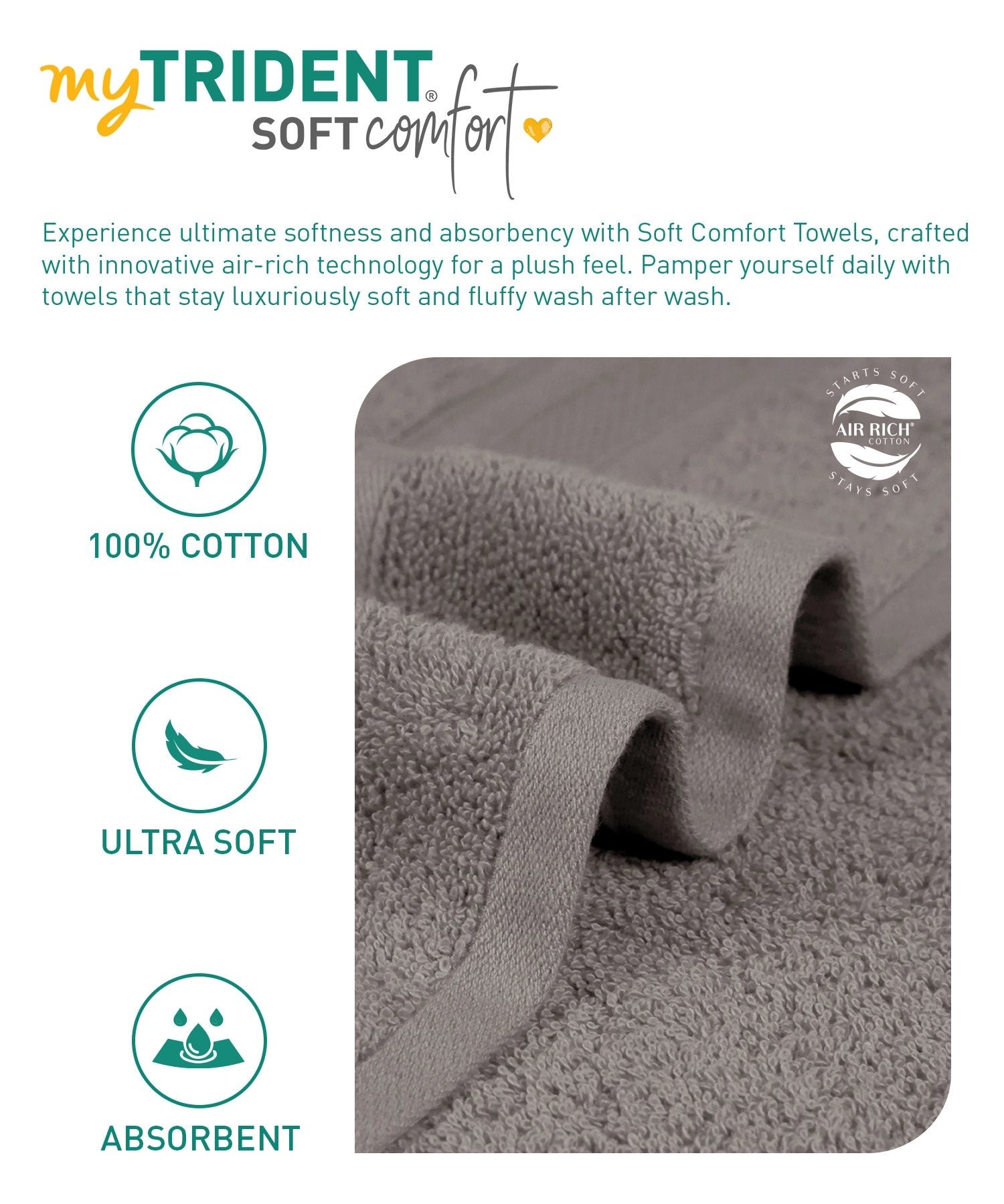 Soft Comfort 2Pc Bath Towel Set, Charcoal|509 GSM Cotton|Air Rich Technology - Image 6