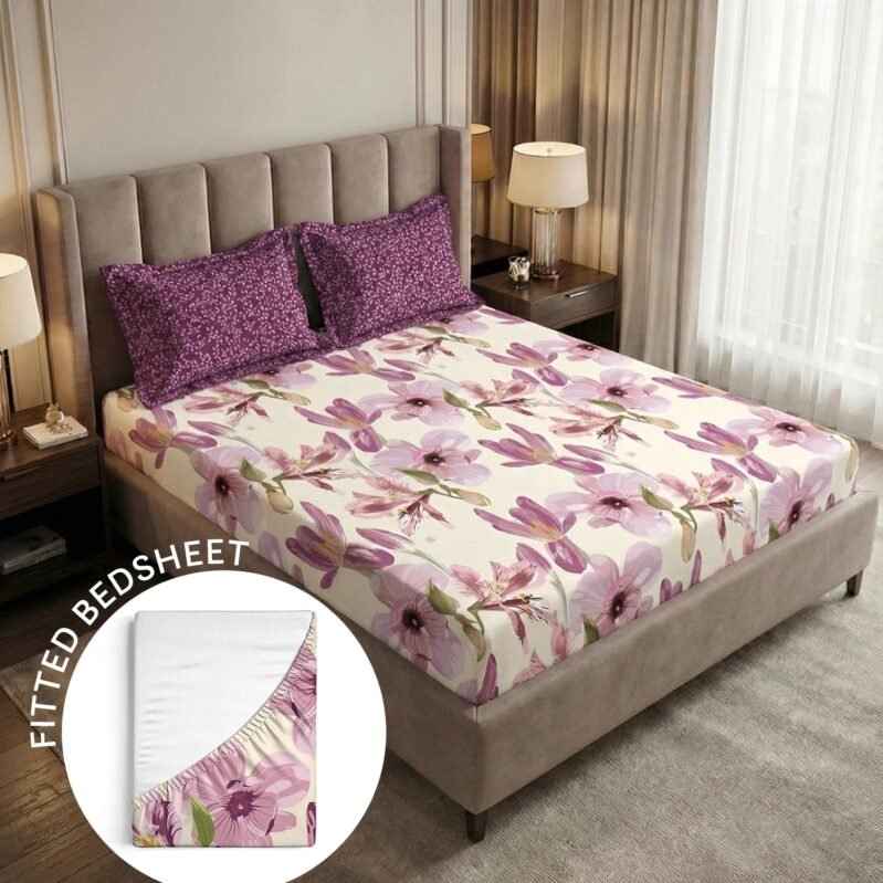 Soft Comfort King Fitted Bedsheet Set, DAHLIA |180 TC Cotton|2 Pillow Covers