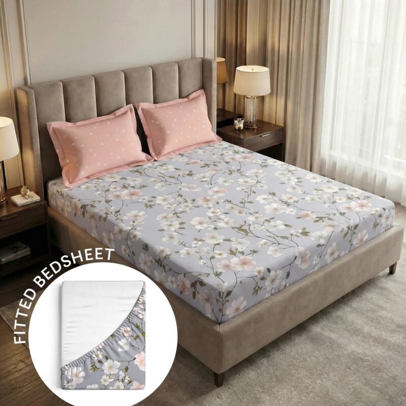 Soft Comfort King Fitted Bedsheet Set, ELYSIN |180 TC Cotton|2 Pillow Covers