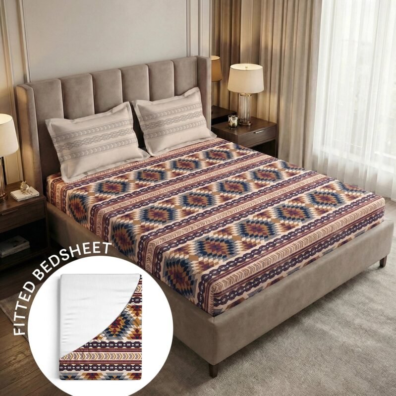 Soft Comfort King Fitted Bedsheet Set, GRACE |180 TC Cotton|2 Pillow Covers