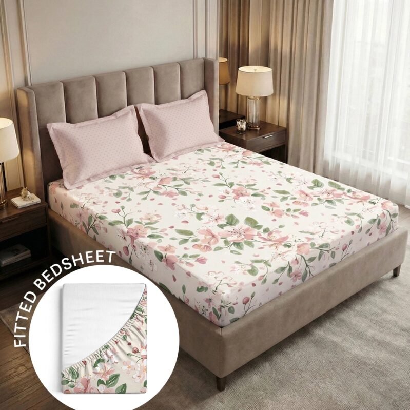Soft Comfort King Fitted Bedsheet Set, DAISY |180 TC Cotton|2 Pillow Covers