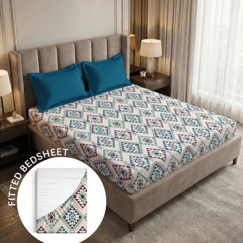 Soft Comfort King Fitted Bedsheet Set, ORNA |180 TC Cotton|2 Pillow Covers