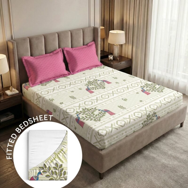 Soft Comfort King Fitted Bedsheet Set, RITVI |180 TC Cotton|2 Pillow Covers