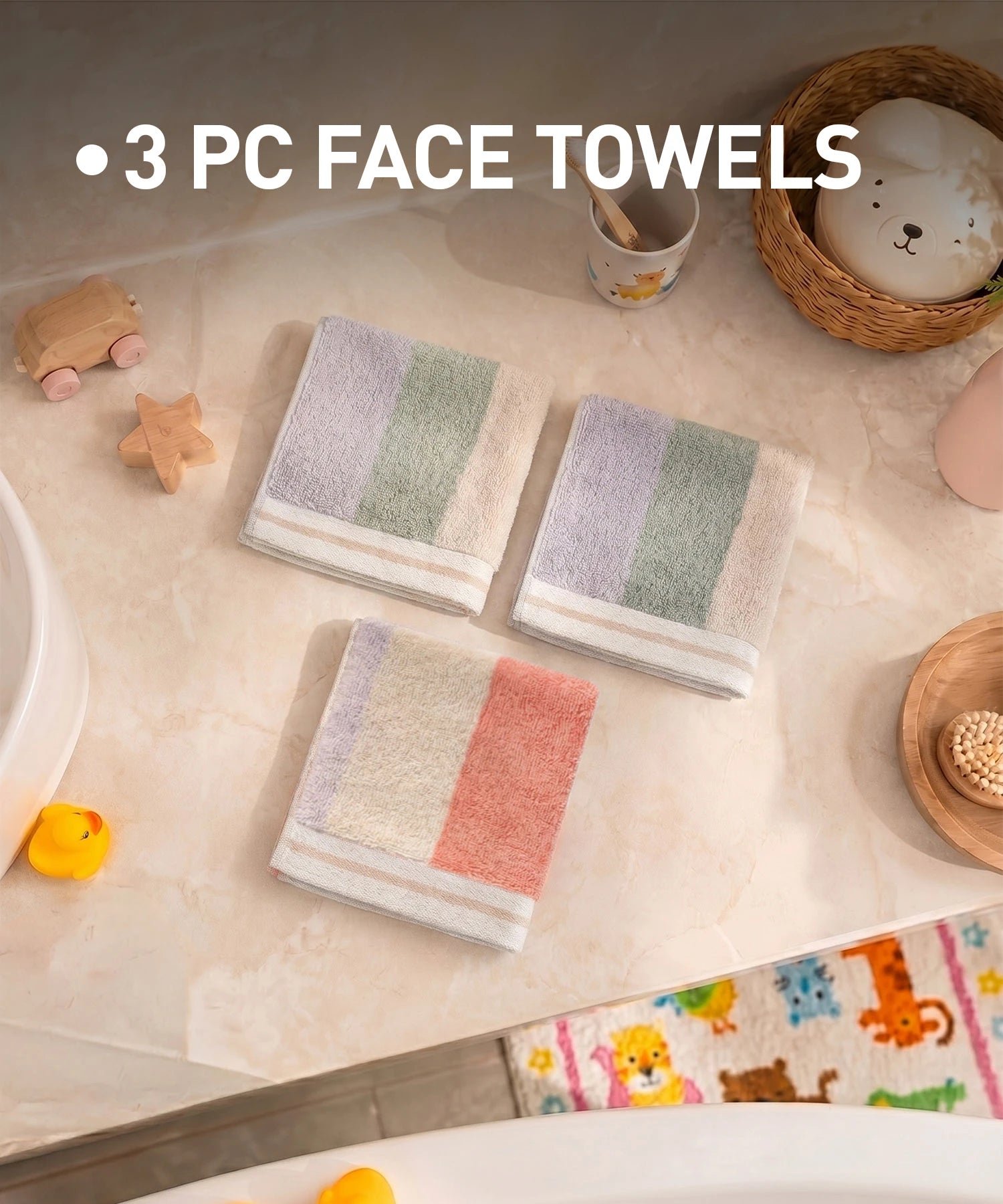 Juniors 3 Pc Face Towel Set, Stripe| 550 GSM | 100% Premium Cotton - Image 4