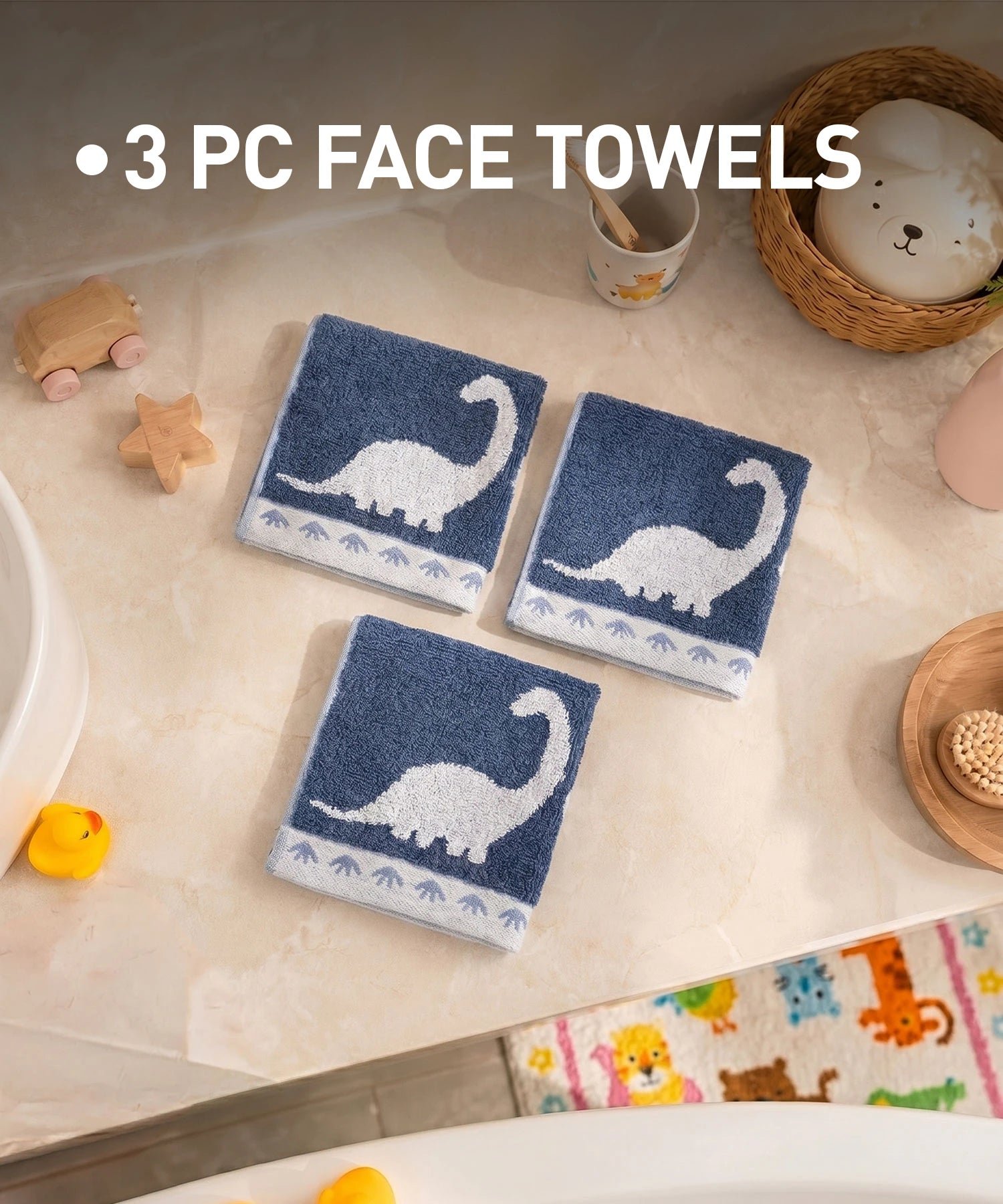 Juniors 3 Pc Face Towel Set, Dino| 550 GSM | 100% Premium Cotton - Image 4