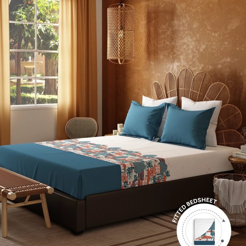 Home Essentials Namaste Bharat Fitted Bedsheet Set, Chetinad Blue| 144 TC Cotton| 2 Pillow Covers