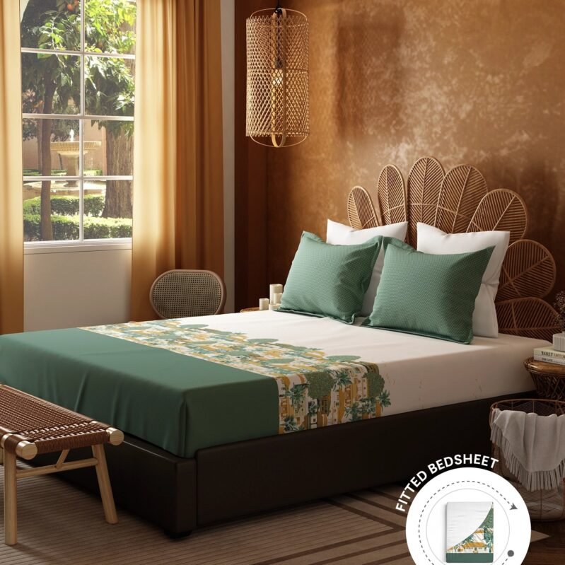 Home Essentials Namaste Bharat Fitted Bedsheet Set, Chetinad Green| 144 TC Cotton| 2 Pillow Covers