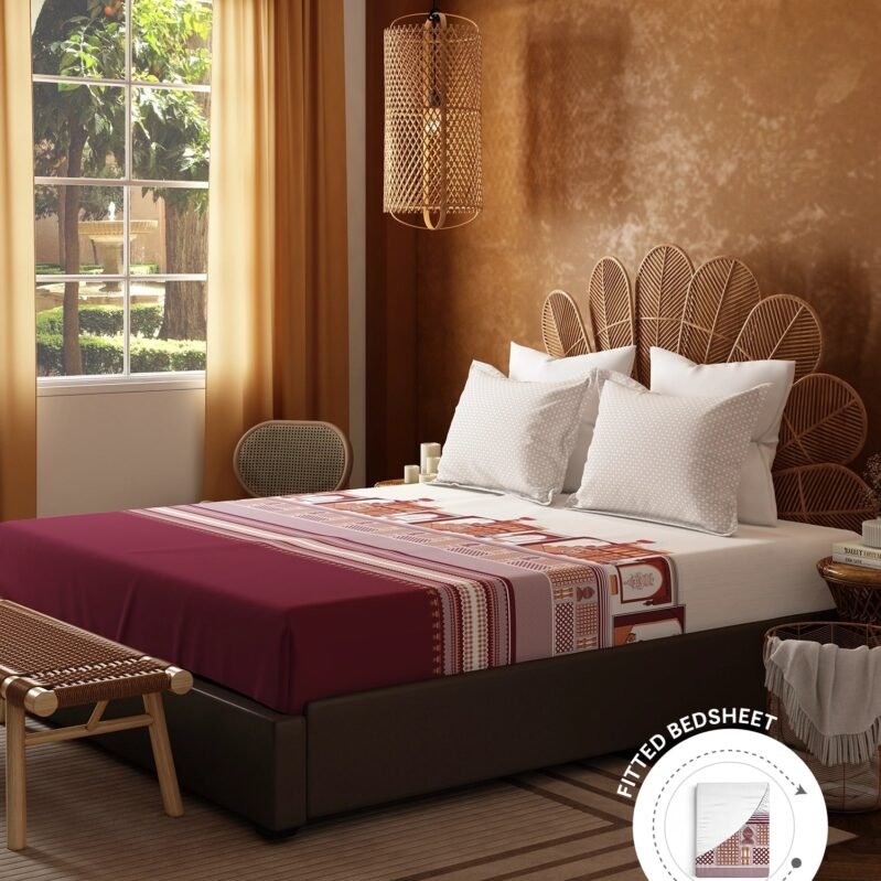 Home Essentials Namaste Bharat Fitted Bedsheet Set, Gharonda Terracotta| 144 TC Cotton| 2 Pillow Covers
