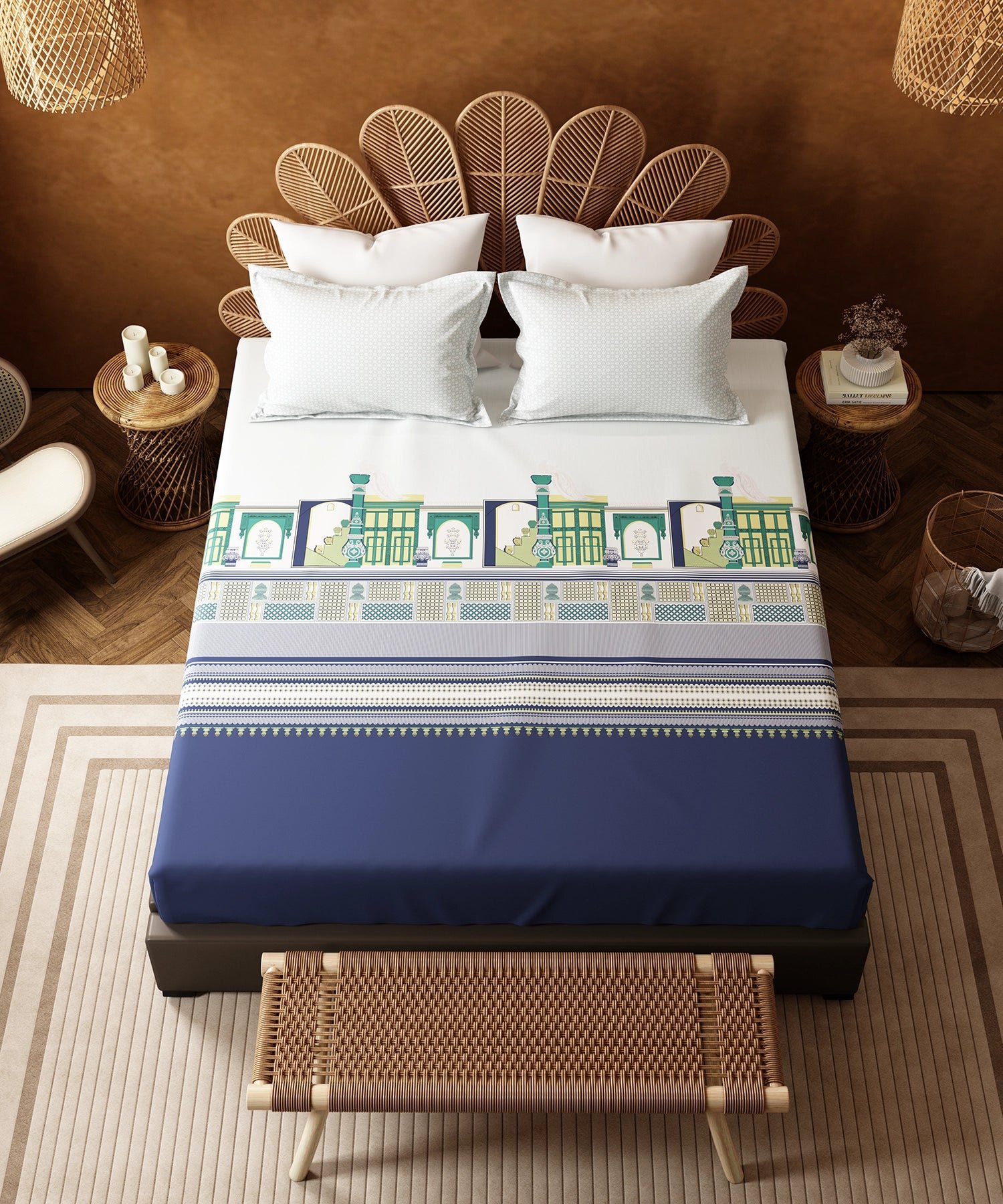 Home Essentials Namaste Bharat Fitted Bedsheet Set, Gharonda Turquoise| 144 TC Cotton| 2 Pillow Covers - Image 2