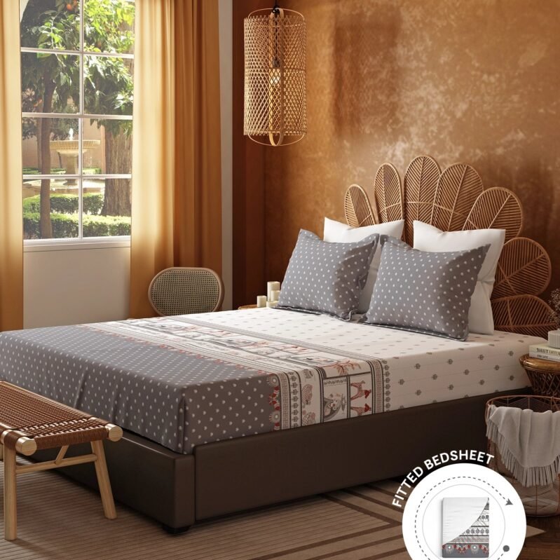 Home Essentials Namaste Bharat Fitted Bedsheet Set, Shor Gul Grey|144 TC Cotton| 2 Pillow Covers