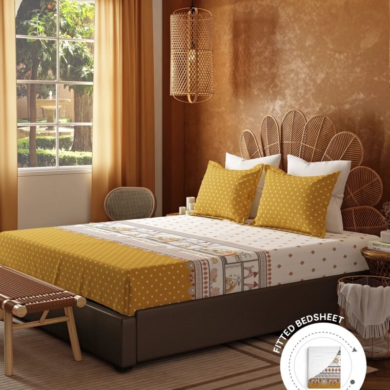 Home Essentials Namaste Bharat Fitted Bedsheet Set, Shor Gul Yellow|144 TC Cotton| 2 Pillow Covers