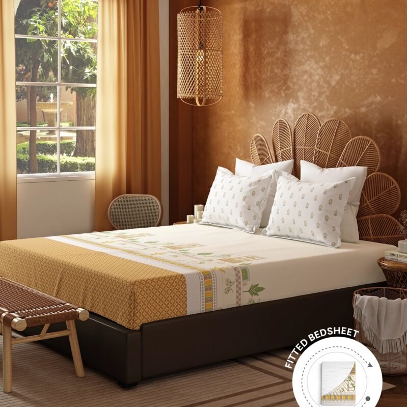 Home Essentials Namaste Bharat Fitted Bedsheet Set, Vatsalya Orche|144 TC Cotton| 2 Pillow Covers