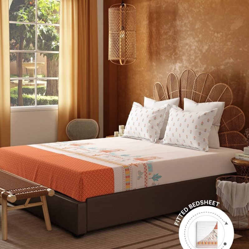 Home Essentials Namaste Bharat Fitted Bedsheet Set, Vatsalya Orange|144 TC Cotton| 2 Pillow Covers