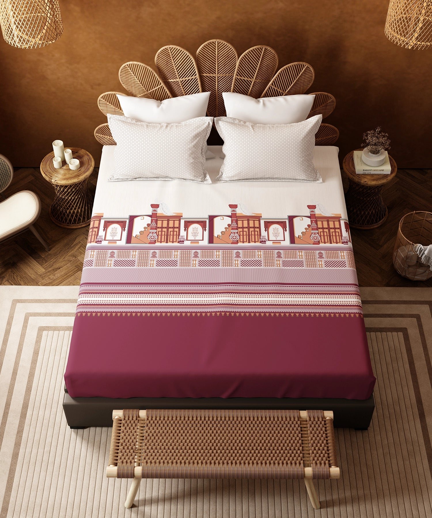 Home Essentials Namaste Bharat King Bedsheet Set, Gharonda Terracotta|144 TC Cotton| 2 Pillow Covers - Image 4
