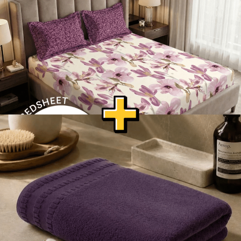 Luxury Bedroom & Bath Comfort Combo – King Fitted Bedsheet + Egyptian Cotton Bath Towel